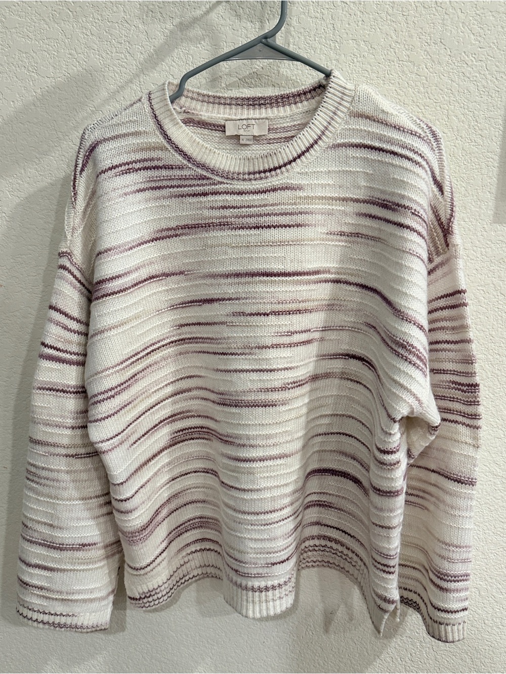 LOFT Cream & purple Striped Crewneck Sweater